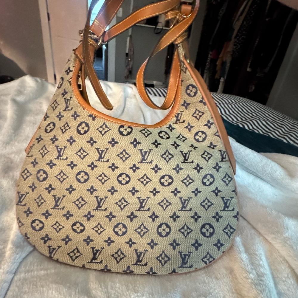 Designer Monogram Canvas Shoulder Bag - Tan and Blue